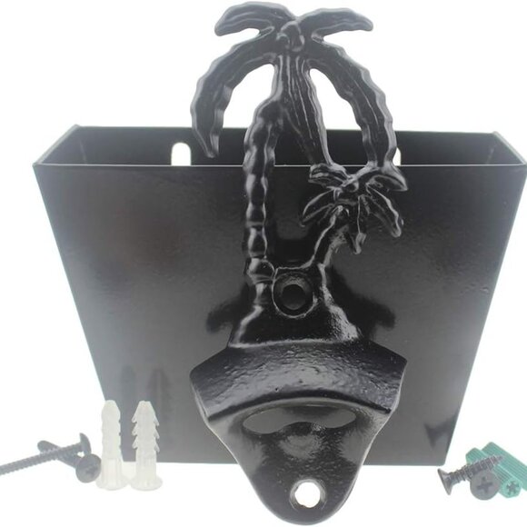 Black Cast Iron Bottle Opener Wall Mounted Palm Tree Beer Top Opener with Cap Ca - Picture 1 of 5
